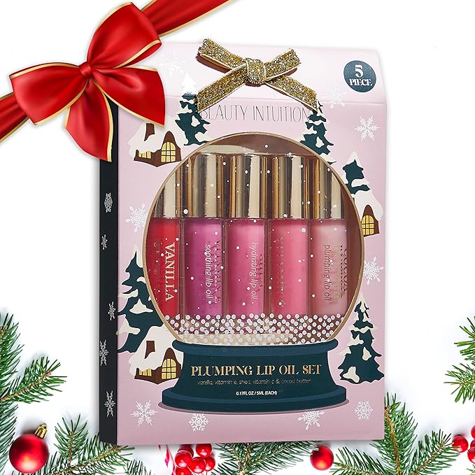 Enchante Beauty Intuition 5-Piece Plumping Lip Oil Set - 5ML Each | Lightweight, Hydrating and Soothing with Elegant Embossing