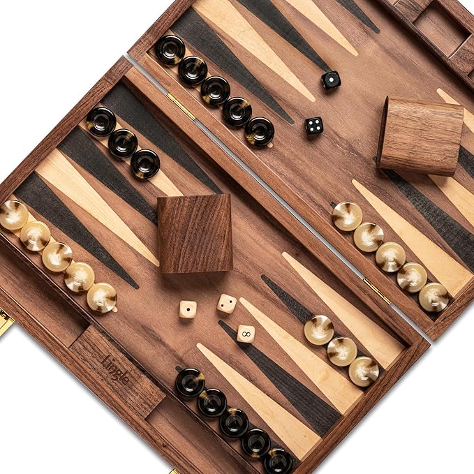 14.5” Premium Natural Walnut Folding Backgammon Sets for Adults and Kids, Including 30 Artificial Horn Checkers, 2 Walnut Dice Cups, and 5 Wooden Dice/Classic Two-Player Strategy Board