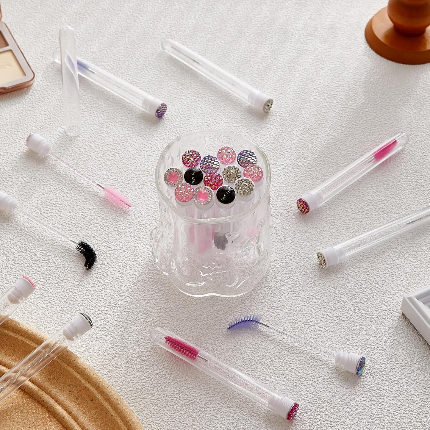 Upgrade 48 Pieces Disposable Mascara Wands Set,Include 24 Pcs Crystal Lash Spoolies Brush and 24 Pcs Reusable Keychain Empty Eyelash Brush Tubes