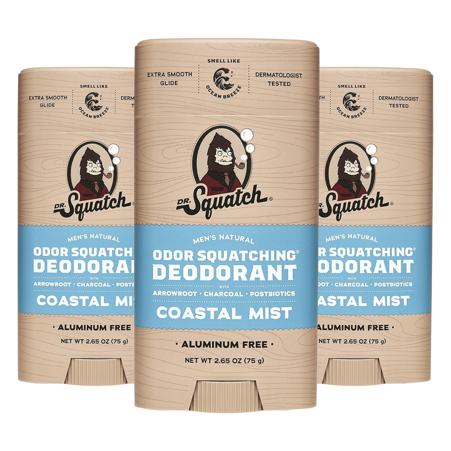 Dr. Squatch Natural Deodorant for Men - Odor-Squatching Aluminum Free - Coastal Mist (2.65 oz, 3-Pack)