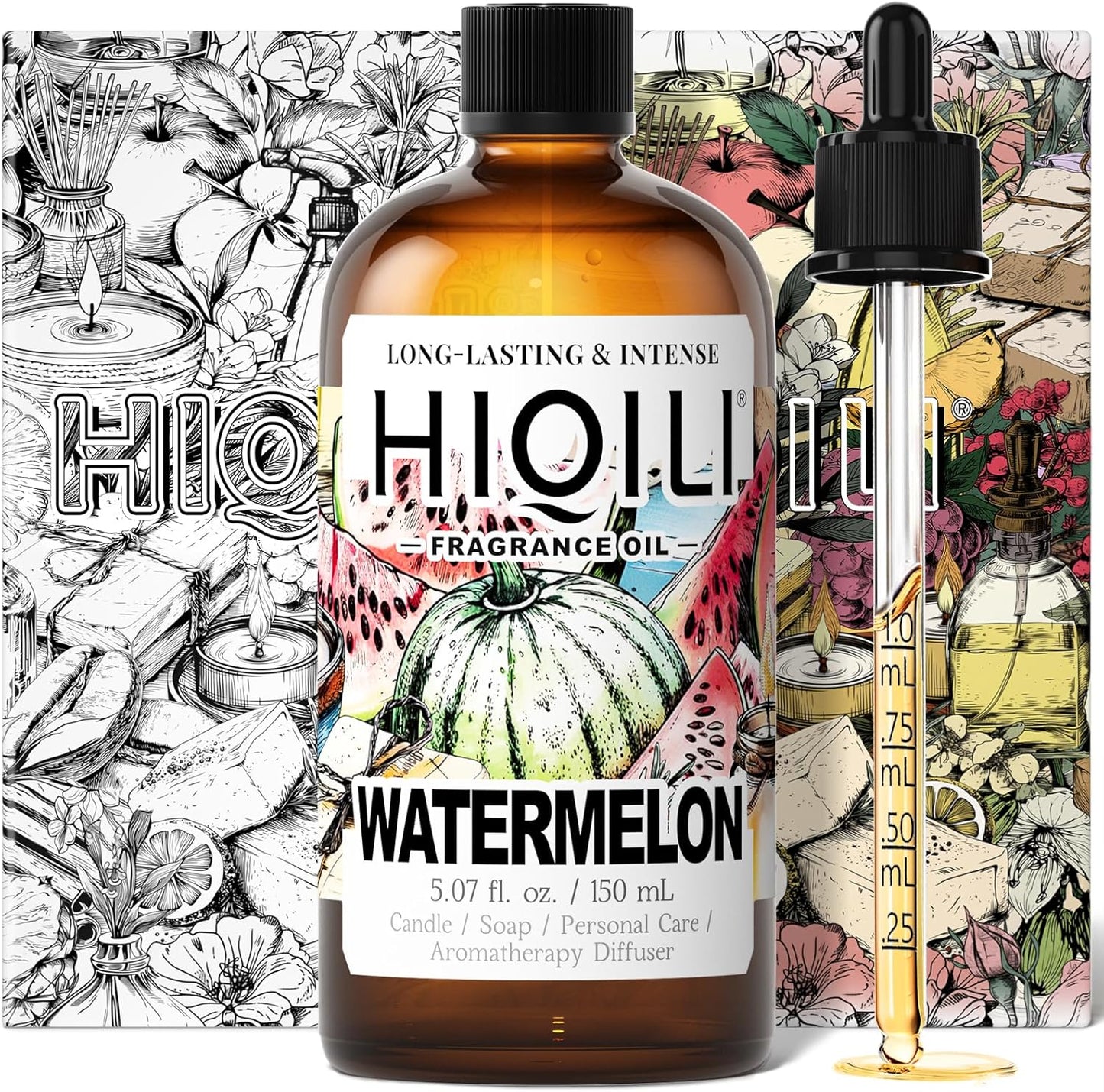 HIQILI Watermelon Fragrance Oil for Candle & Soap Making, DIY Fruity Perfume, Bath Bombs, Long-Lasting Diffuser Oil, Skin Care - 5.07 Fl Oz