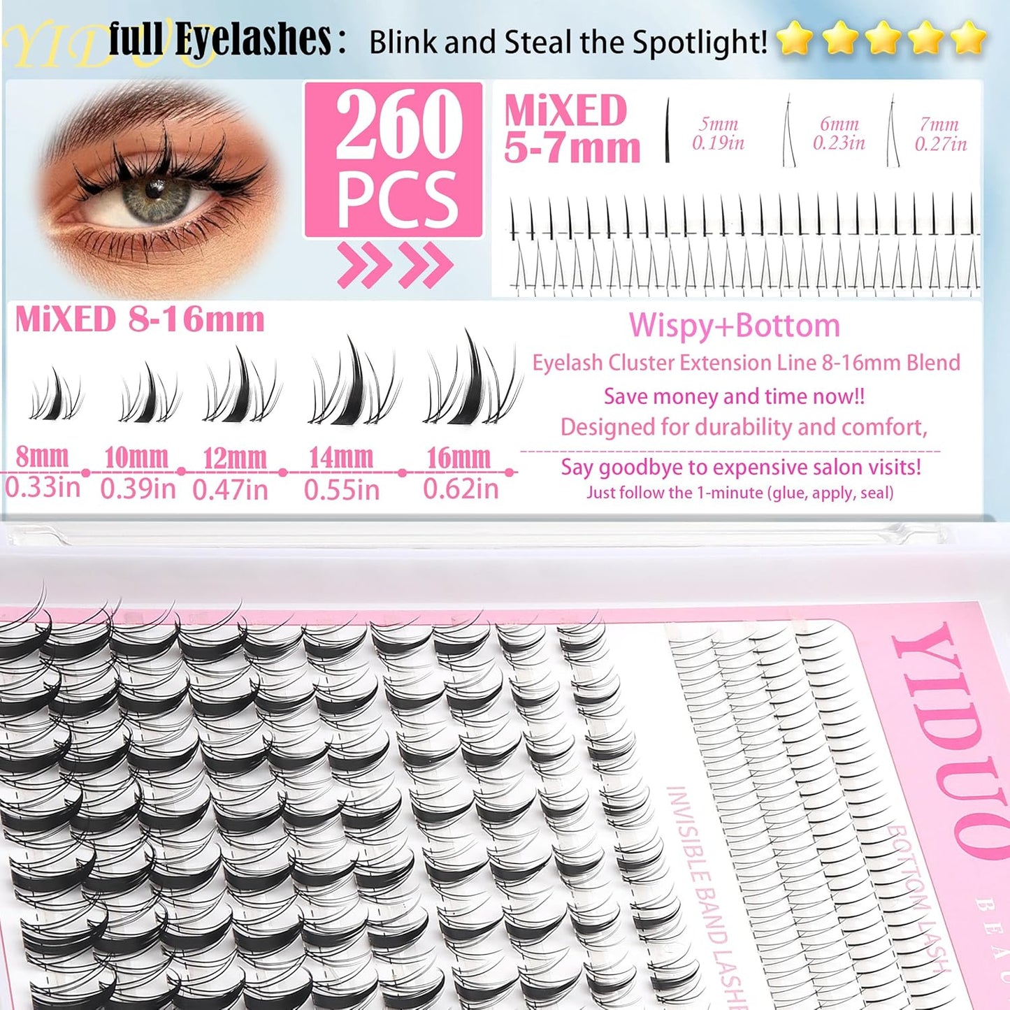 Fairy Manga lashes Clusters with Bottom Lashes Clusters Kit Gift Packs 604Pcs 5-16mm Soft Extension False Eyelash D Curl Wispy Natural Wet-Look Lashes Extensions Combo Pack with Glue Removers