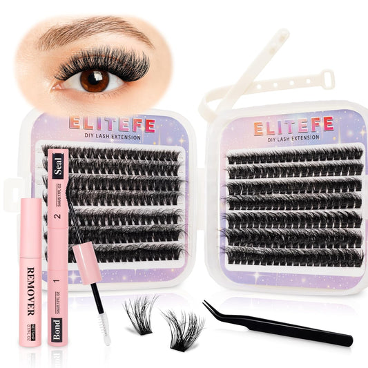 Lash Extension Kit DIY Lash Clusters Kit Eyelash Extensions Individual Lashes Extensions with (Lash Bond,Seal,Tweezers,Remover,280,60D80D,10-18)
