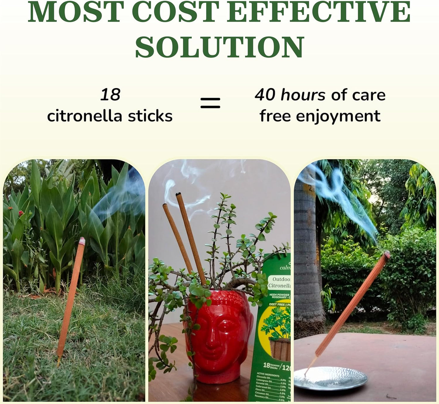 Natural Citronella Incense Sticks Outdoor - (18 Sticks, 40 hrs Protection) for Safety on Patio, Camping etc | DEET Free, Powered with Indian Neem & Essential Oils
