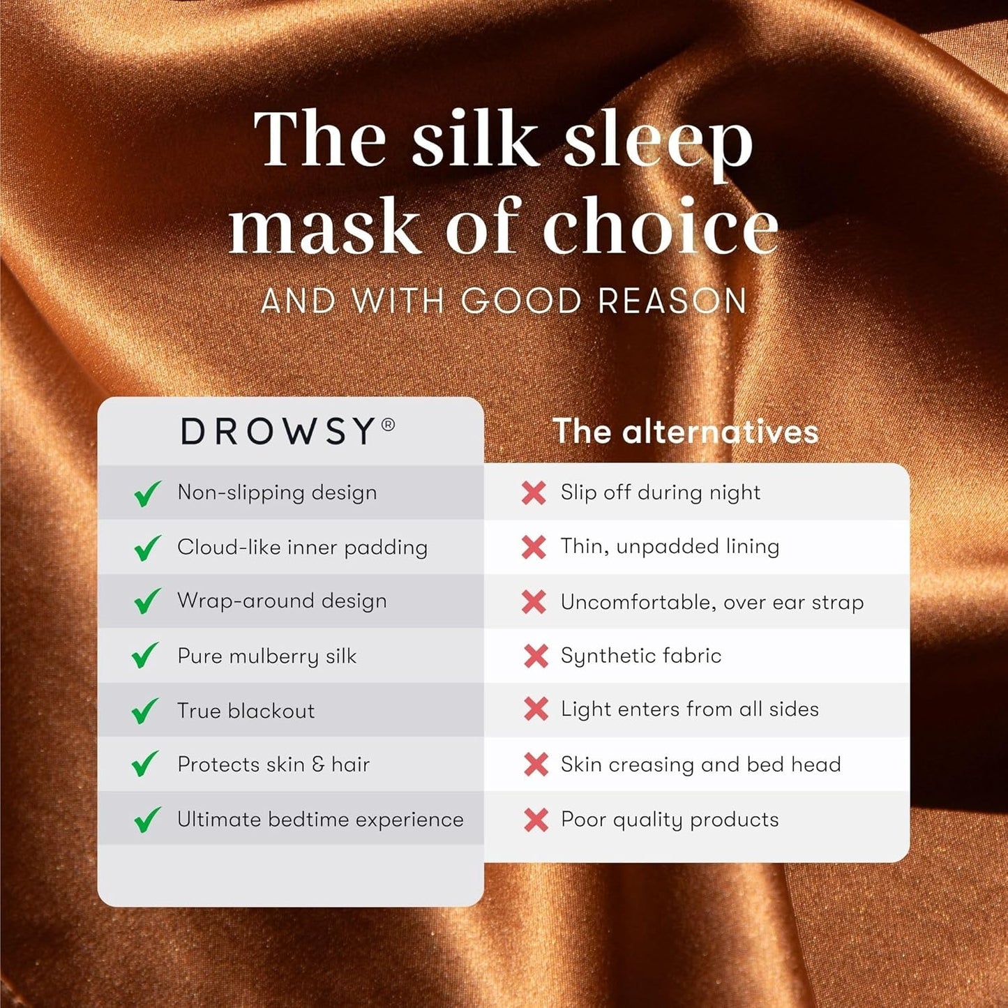 DROWSY Silk Sleep Mask. Face-Hugging, Padded Silk Cocoon for Luxury Sleep in Total Darkness. (Pumpkin Spice)