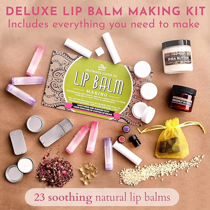 Deluxe Lip Balm Kit with Filling Tray, (77-Piece Set) For Making Your Very Own Clear & Colored DIY Lip Balms! | Includes Tubes, Bees Wax Pouch, 100% Pure Therapeutic Essential Oils & More