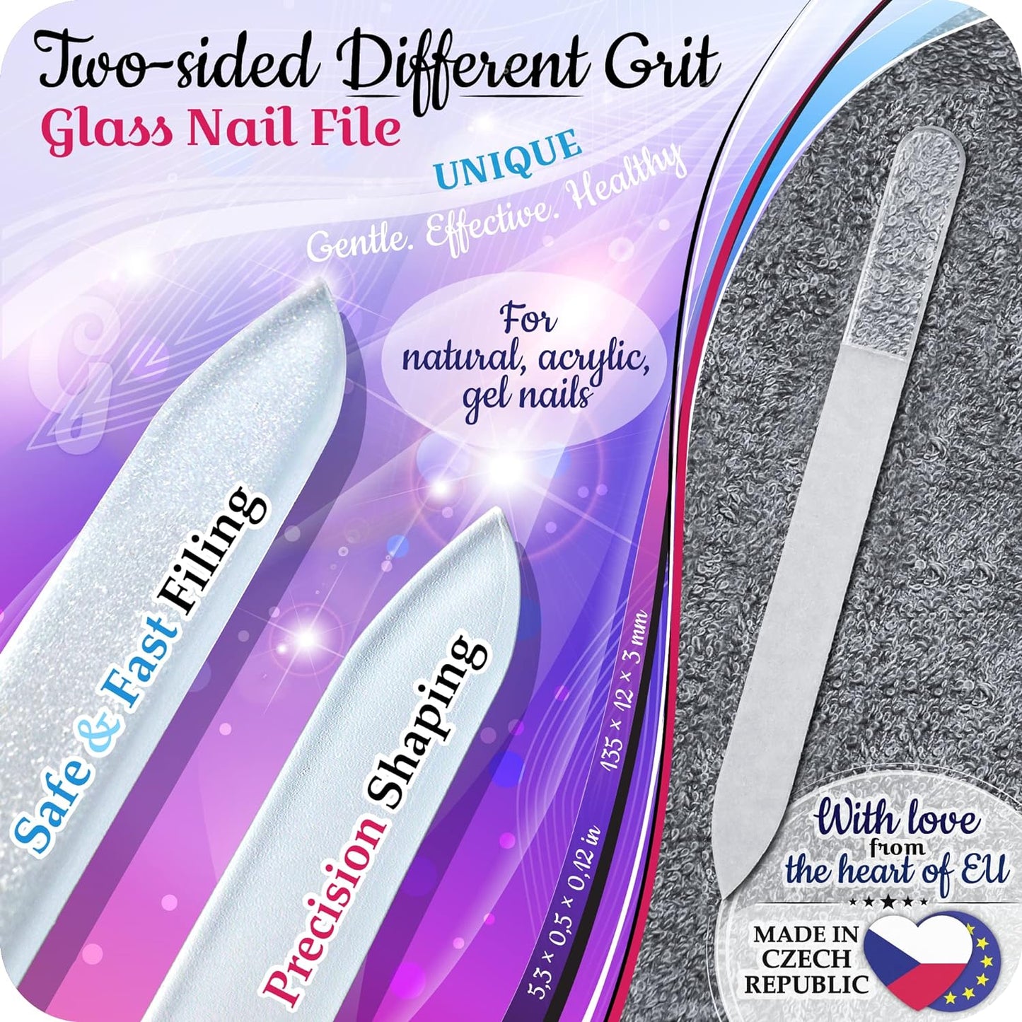 Genuine Czech Glass Nail File Set by GLADZY - Callus Remover Foot Rasp, Cuticle Pusher Manicure Stick, Double Sided Etched Different Grit Surface, Professional Nail Care Tool Kit, Made in EU