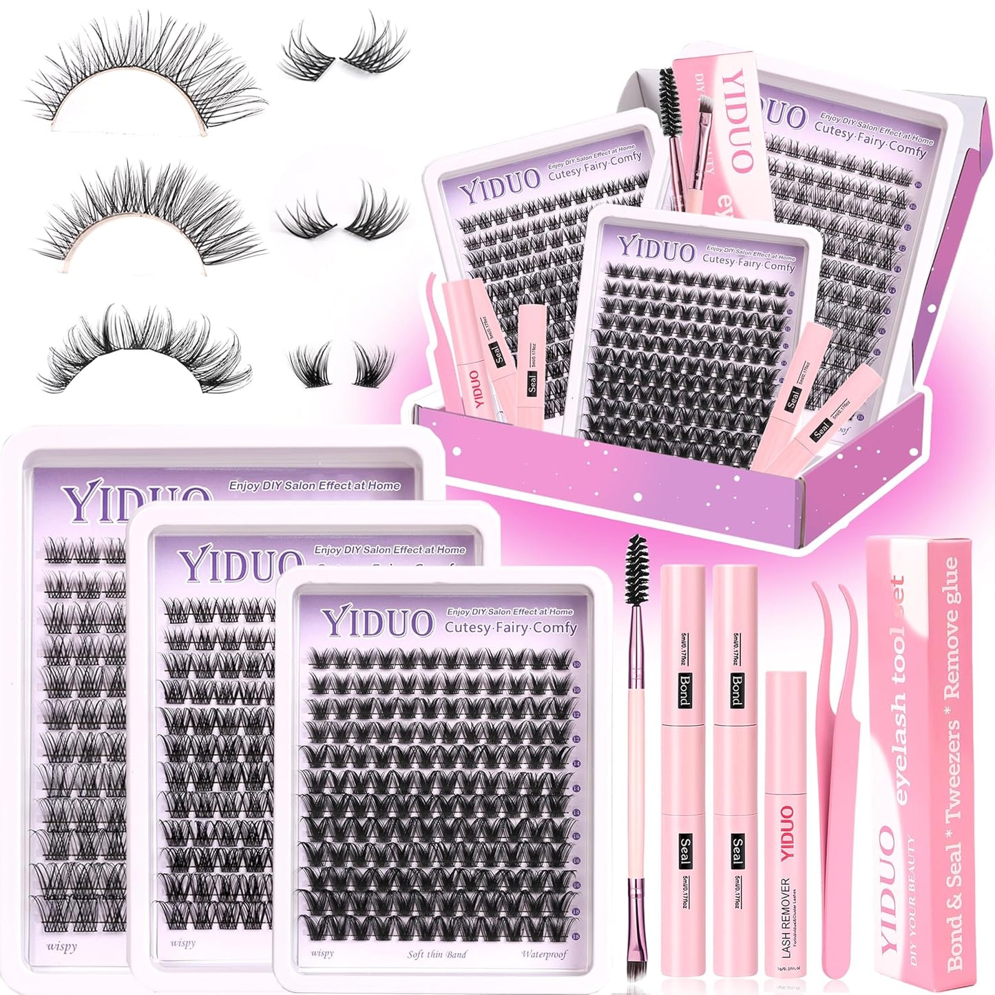 YlDUO Lashes Clusters Kit Gift Packs Natural False Eyelashes Extensions C/D Curl Wispy Individual Fake Eyelash, DIY Natural Extension Lash with Glue*2|Tweezers|Removers|Eyelash&Eyebrow Brush